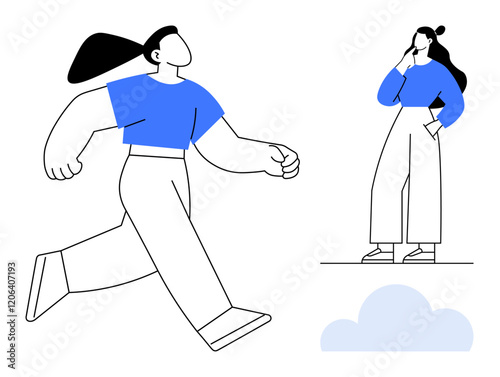 Two human figures, one walking energetically and the other contemplative. Blue accents highlight different parts. Ideal for motivation, lifestyle, self-reflection, activity, balance, simplicity