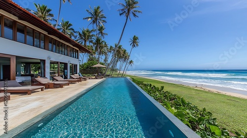 Luxurious beachfront villa with floortoceiling glass windows minimalist architecture and a private infinity pool that overlooks the ocean The lush garden features tropical plants and palm trees photo