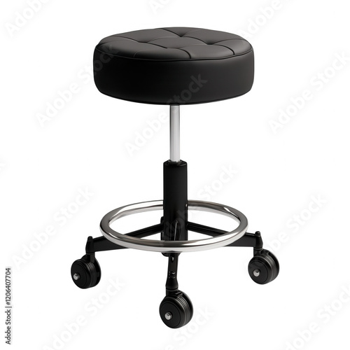 A sleek, black adjustable stool with a cushioned seat and rolling wheels, designed for comfort and mobility, Transparent Background. photo