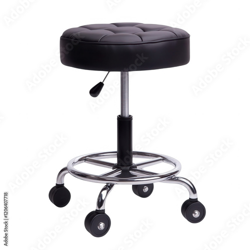 A sleek black swivel stool with a padded seat and chrome base, designed for comfort and mobility, Transparent Background.