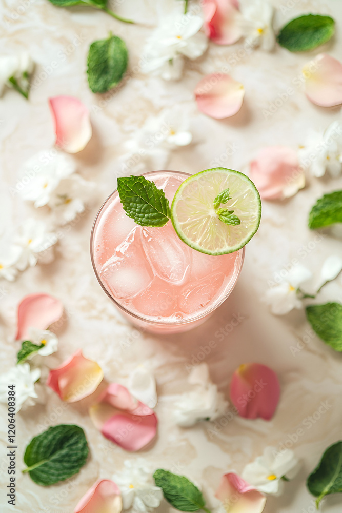 Refreshing pink beverage garnished with lime and mint, surrounded by delicate flower petals. Refreshing pink beverage garnished with lime and mint, surrounded by delicate flower petals.
