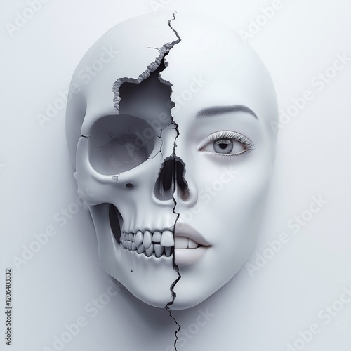 Blending beauty and mortality in a striking human skull and face portrayal