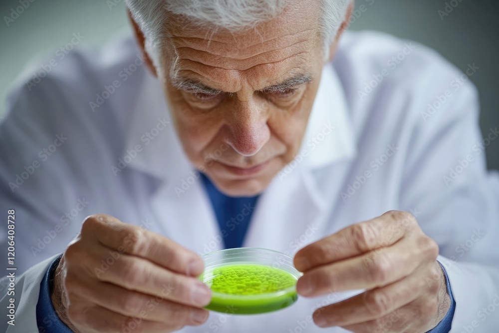 Senior scientist carefully examines a petri dish containing a vibrant green substance, possibly a culture or experiment. Senior scientist carefully examines a petri dish containing a vibrant green substance, possibly a culture or experiment.