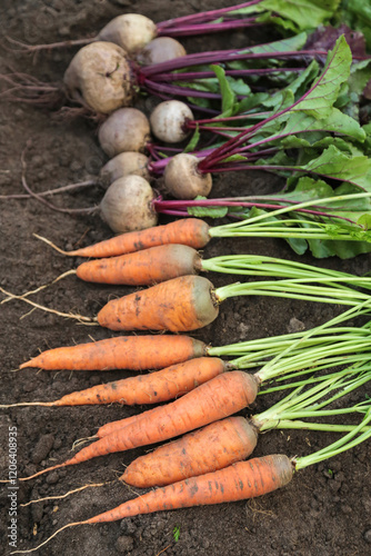 Wallpaper Mural Bunch of freshly harvested beetroot and carrot close up on soil ground in garden. Organic vegetables autumn harvest, farming, harvesting Torontodigital.ca