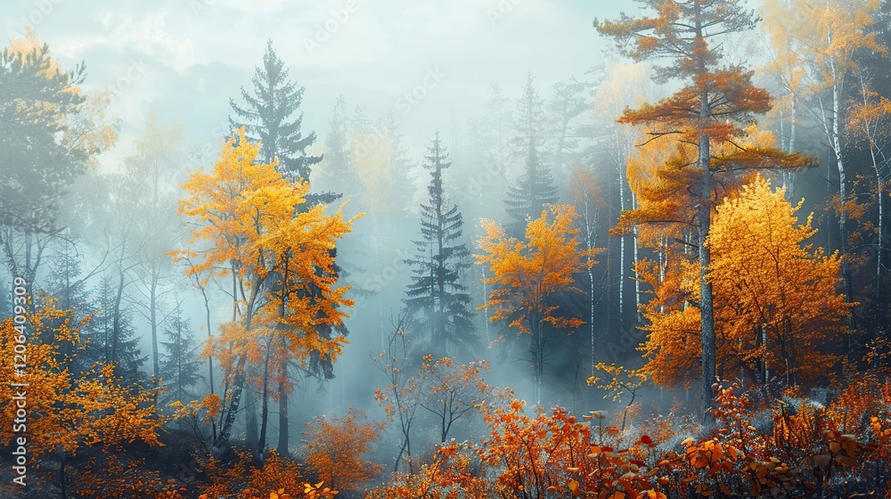 Atmospheric autumn forest in the fog. Yellow and orange leaves on the trees in the morning forest Atmospheric autumn forest in the fog. Yellow and orange leaves on the trees in the morning forest