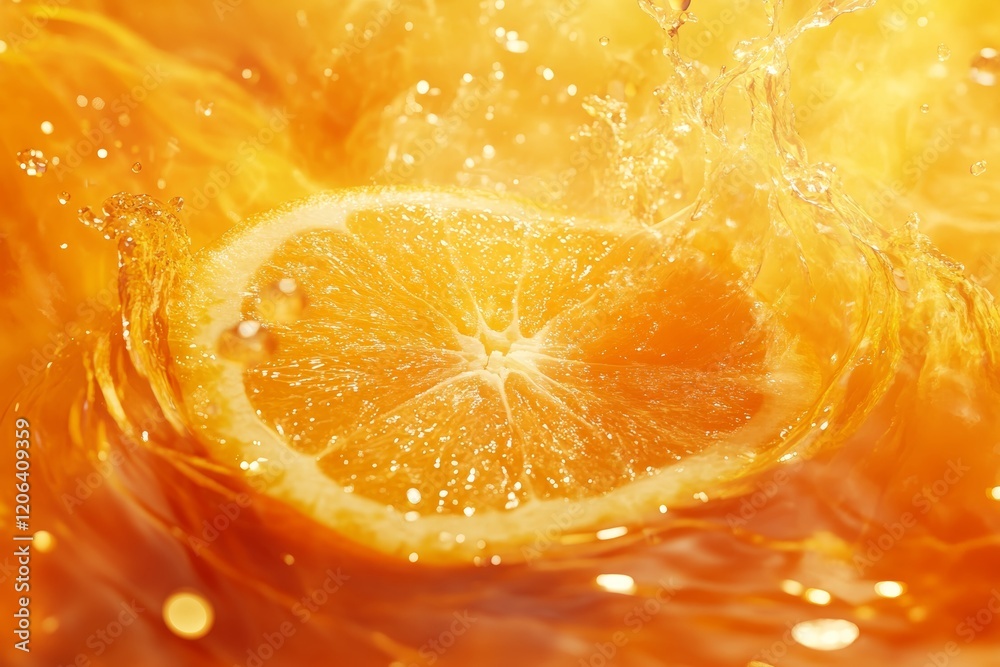 Vibrant orange slice splashing in sparkling water with warm abstract background for fresh juice art Vibrant orange slice splashing in sparkling water with warm abstract background for fresh juice art