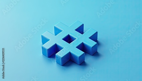 A three-dimensional hashtag symbol, rendered in a vibrant blue hue, sits prominently against a smooth, light blue background. The symbol is depicted in a slightly angled perspective