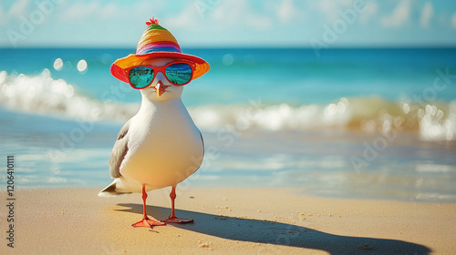 Seagull wearing sunglasses and a colorful hat stands on the beach next to the ocean on a sunny day