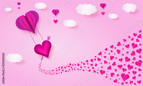 Happy valentines day romantic card, 3d balloon, hearts flying, clouds, paper cut vector. 3d love concept background to use for valentines day, 14 february romantic project.