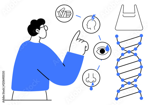 Man in blue pointing to sensory icons representing taste, hearing, sight, smell, surrounded by a DNA helix. Ideal for genetics, sensory perception, human biology, medical research health education