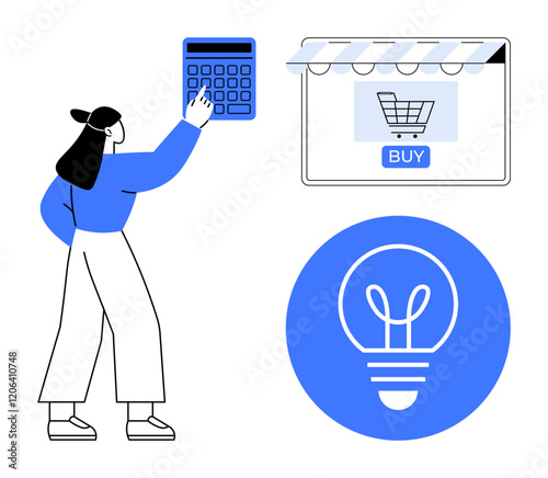 Woman points at calculator, e-commerce window with cart and buy button, light bulb icon. Ideal for e-commerce, online shopping, finance management, innovation, ideas, budgeting digital retail