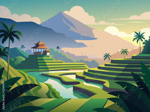 A serene rice terrace in Bali with lush greenery and morning mist.