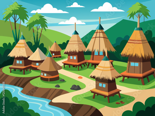 A traditional Sasak village with grass-roofed houses on Lombok Island.