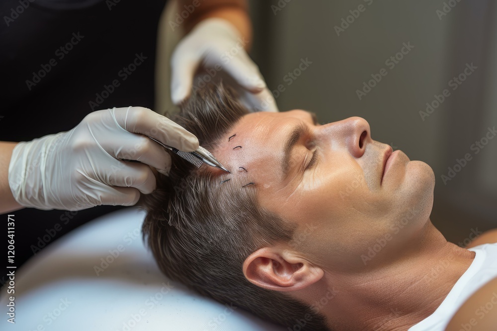 Fototapeta premium Doctor using tweezers is preparing man for hair transplant surgery