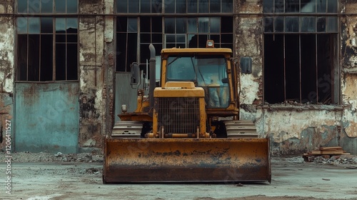 Old bulldozer in front of derelict building.