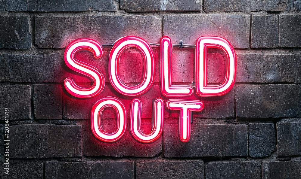 Fototapeta premium Bright neon sold out sign against dark brick wall