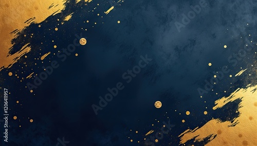 Abstract navy and gold background with paint splatters and metallic accents.  Perfect for elegant designs, invitations, or branding.
