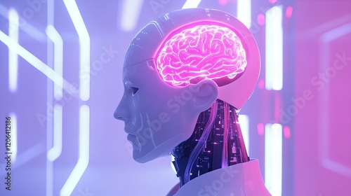 A humanoid AI robot with a glowing brain chip, standing in a digital lab, futuristic vibe, white background. 