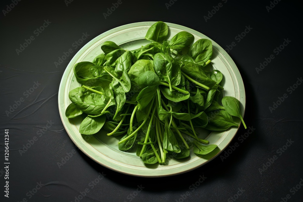 Fresh spinach leaves arranged on a ceramic plate, creating a vibrant contrast against the dark background, emphasizing healthy eating and natural food Fresh spinach leaves arranged on a ceramic plate, creating a vibrant contrast against the dark background, emphasizing healthy eating and natural food