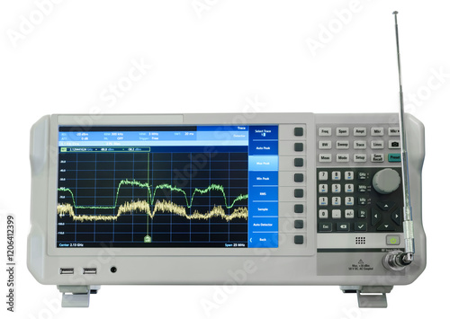 Measuring oscilloscope with screen and remote control. The device is a radio. The radio is on and displays a graph.