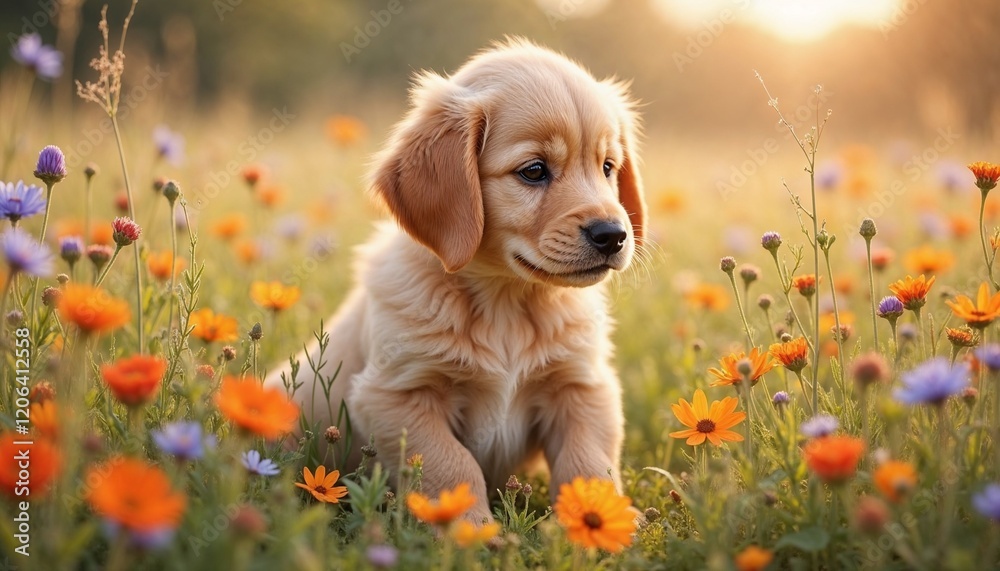 Golden retriever puppy in wildflower field, morning light, Pet Day Golden retriever puppy in wildflower field, morning light, Pet Day