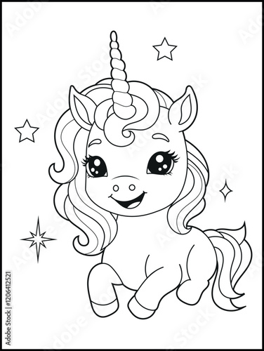 Illustration of a cute baby unicorn cartoon character. Black and white Printable Unicorn coloring page for kids.