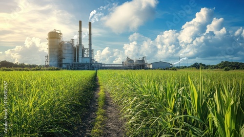 Sugarcane field with factory.
