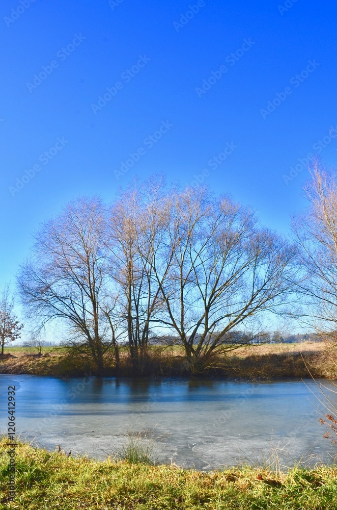 landscape of a winter frozen lake, the surface of the lake is covered with ice, blue sky, sunny day landscape of a winter frozen lake, the surface of the lake is covered with ice, blue sky, sunny day