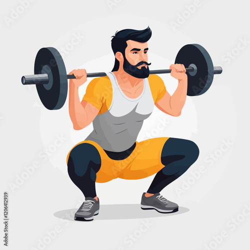 Man doing squats with barbell behind his neck. Flat vector illustration isolated on white background