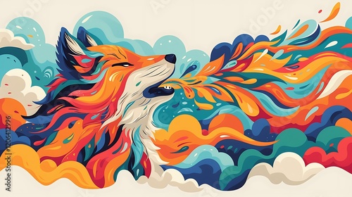 Colorful fox breathing fire, clouds, fantasy art, website banner photo