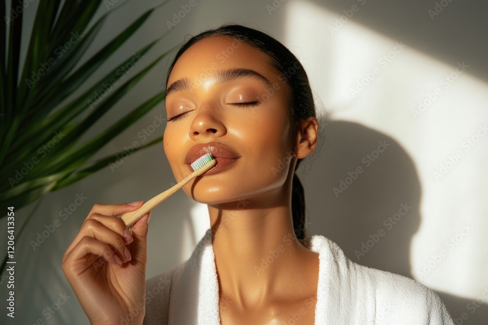A woman with eyes closed gently holds a bamboo toothbrush to her lips, enjoying a moment of self-care. A woman with eyes closed gently holds a bamboo toothbrush to her lips, enjoying a moment of self-care.