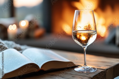 An inviting view of a glass of white wine alongside an open book, set against the backdrop of a warm, glowing fireplace, promising moments of relaxation and enjoyment indoors.