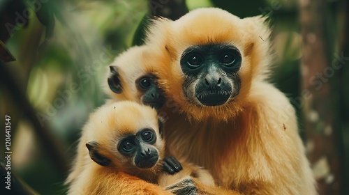 close up image of forest Monkey mother with child in forest