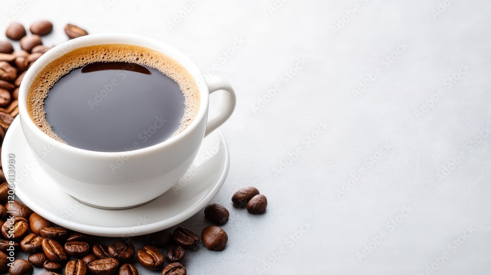 Enjoying a warm cup of coffee amidst aromatic coffee beans Enjoying a warm cup of coffee amidst aromatic coffee beans
