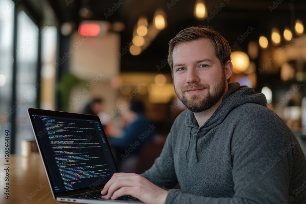 A man smiles while coding on his laptop in a coffee shop, showcasing a relaxed yet productive work environment. A man smiles while coding on his laptop in a coffee shop, showcasing a relaxed yet productive work environment.