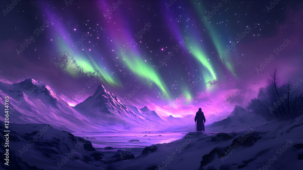 Fototapeta premium Beautiful northern lights in the sky over an arctic landscape, with purple and green colors, stars shining above.