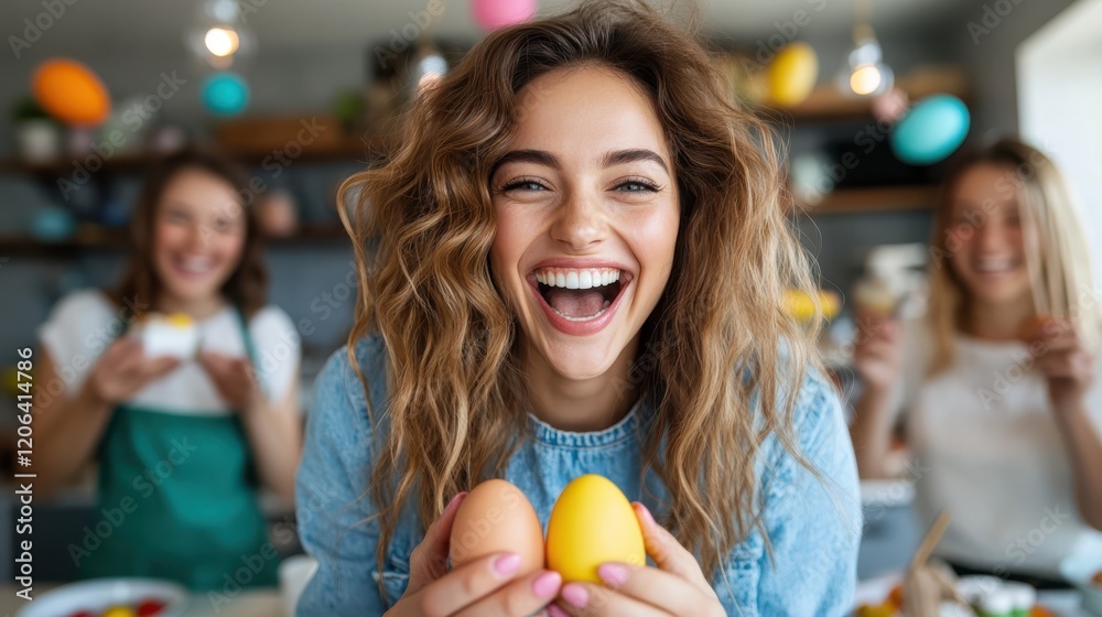 Young women celebrate Easter by painting colorful eggs at home
