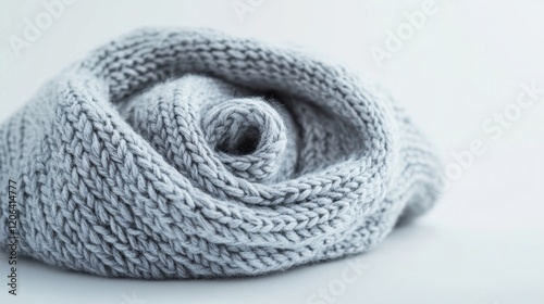 A cozy knitted scarf folded neatly on a solid white background
