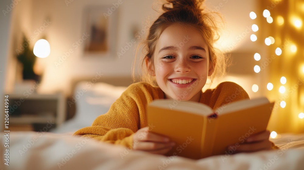 Cozy night reading in pajamas with warm lamp light