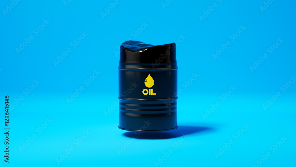 Split view of black metal oil barrel with crude oil inside on blue background. Crude oil industry concept. 3d render illustration