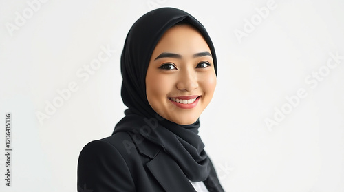 Professional Portrait of Asian Muslim woman, Malaysian, indonesian, thailand, japanese, brunei in a black hijab and formal black suit smiling confidently with a clean white background