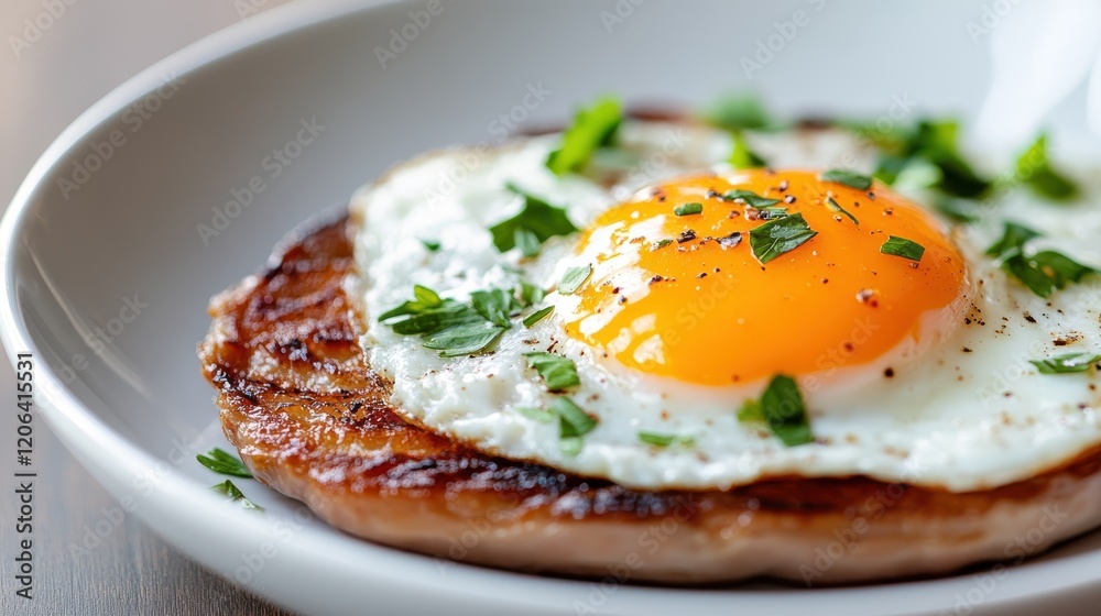 Delicious egg and chicken breakfast served with fresh herbs in morning light Delicious egg and chicken breakfast served with fresh herbs in morning light