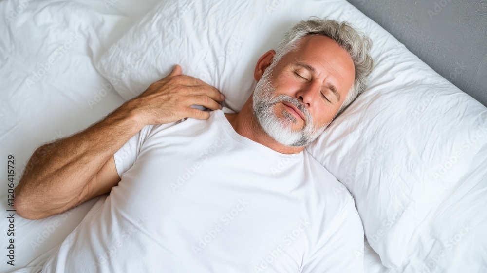 Middle aged man enjoying peaceful sleep in a cozy bed at home Middle aged man enjoying peaceful sleep in a cozy bed at home