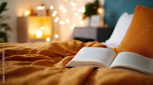 Cozy evening reading a book in pajamas in a softly lit bedroom photo