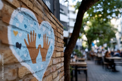 A vibrant mural depicting hands forming a heart shape against a backdrop of blue, symbolizing love and connection in an urban setting filled with greenery. photo