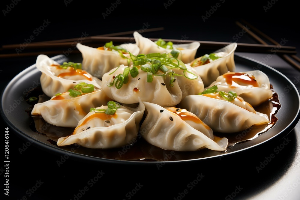 Delicious asian dumplings with soy sauce, sesame seeds and green onions, served on black plate Delicious asian dumplings with soy sauce, sesame seeds and green onions, served on black plate