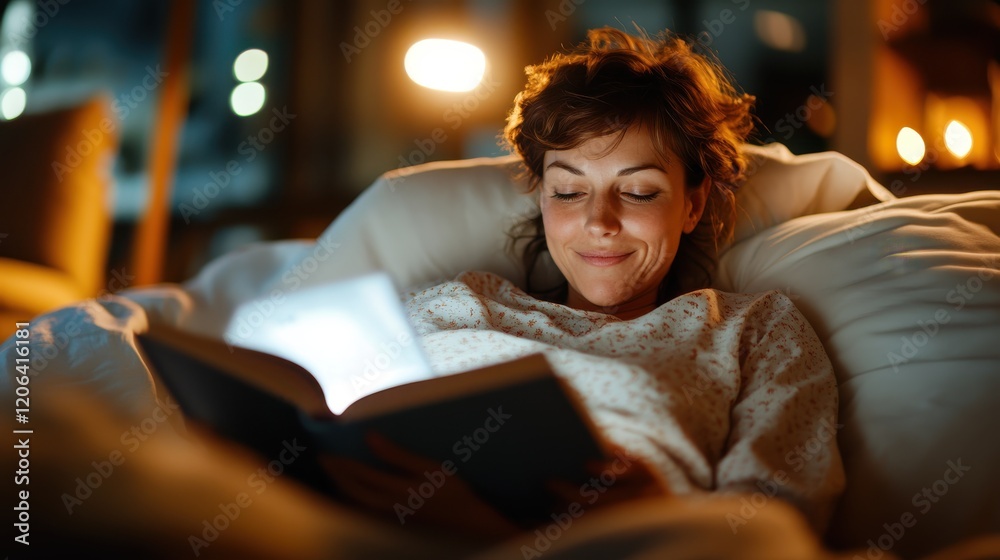 Cozy night reading in pajamas under warm lamp light Cozy night reading in pajamas under warm lamp light