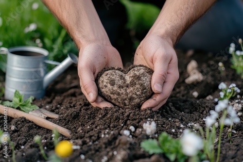 A pair of hands carefully cradles a heart-shaped stone in rich, dark soil, symbolizing love for nature and the importance of gardening in nurturing our environment. photo