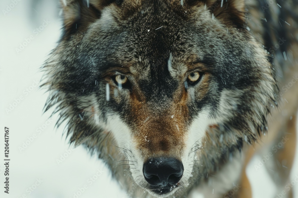 Fototapeta premium Eurasian wolf staring during snowfall in a winter wonderland, creating a captivating scene of wildlife