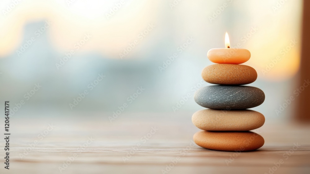 Creating calmness with stacked stones and a candle during sunset Creating calmness with stacked stones and a candle during sunset